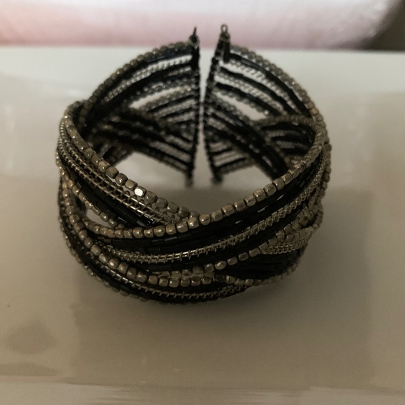 Silver & Black Beaded Cuff Bracelet – Multi-Strand Crisscross Design - Picture 4 of 5